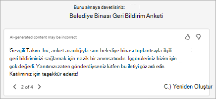 Copilot otomatik olarak önerilen bir davet metni oluşturur. Metni burada düzenleyebilir veya Copilot ile yeniden yaz'ı seçerek yeni bir sürüm oluşturmasını isteyebilirsiniz.