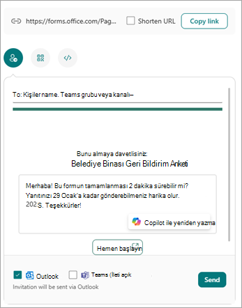Formunuzu yanıt gönder ve topla ekranından birden çok yolla gönderebilirsiniz.