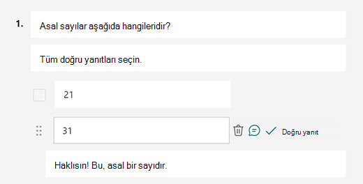Özelleştirilmiş doğru yanıt iletisi Microsoft FormsMicrosoft Forms