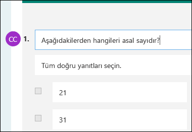 Test sorusunun yanında görüntülenen katkıda bulunan baş harfleri