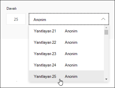 Yanıtlayan arama kutusuna belirli bir sayı girerek ilgili kişilerin yanıtlarının ayrıntılarını Microsoft Forms