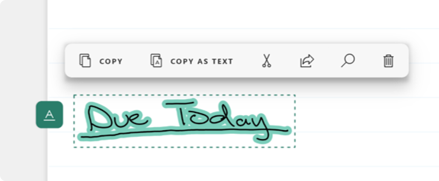 Başlık ipucu ve ilişkili mürekkep seçili Microsoft Journal kısmi yakalama. Seçim bağlam menüsü görünür.