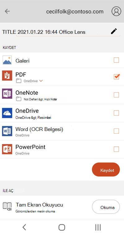 Android telefonda Microsoft Lens'ten ekran görüntüsü