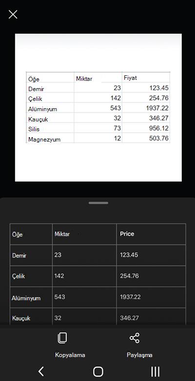 Android telefonda Microsoft Lens'ten ekran görüntüsü