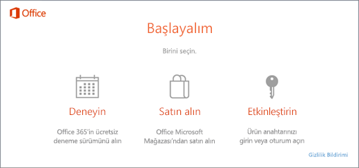 Önceden Office yüklenmiş olarak gelen bir bilgisayarda varsayılan deneme, satın alma ve etkinleştirme seçeneklerini gösteren ekran görüntüsü.