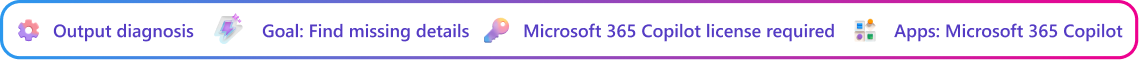 Copilot tarafından oluşturulan teklif taslağındaki boşlukları tespit etmeye odaklanan çıkış tanılama bağlam kartı. Hedef: Teklif boşluklarını tespit edin. Microsoft 365 CopilotMicrosoft 365 Copilot lisansı gereklidir. Uygulama: Microsoft 365 CopilotMicrosoft 365 Copilot.
