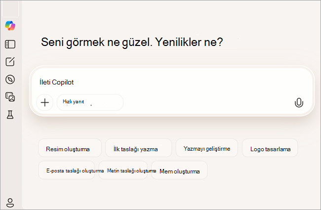 Oturum açmamış kullanıcı için Copilot'un ücretsiz sürümünü gösteren ekran görüntüsü