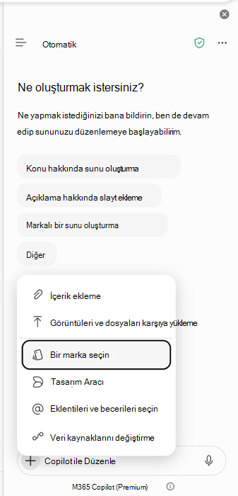 PowerPoint Copilot'ta marka seçin giriş noktasını gösteren ekran görüntüsü.