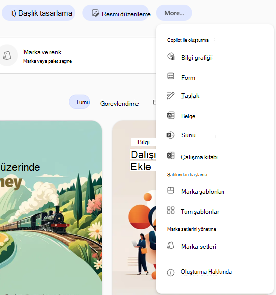 Microsoft 365 CopilotMicrosoft 365 Copilot uygulamasında Daha fazla'yı ve ardından Marka setlerini seçmek için kullanıcı arabiriminin ekran görüntüsü