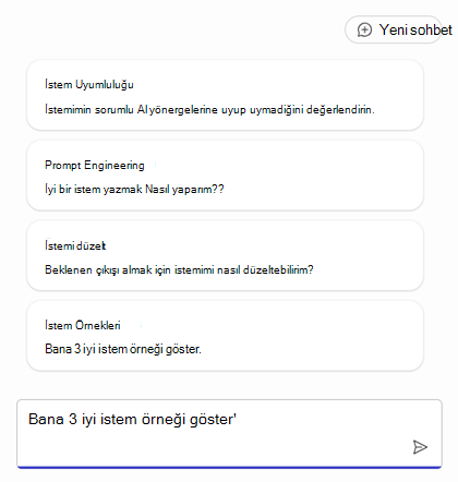 Aracı oluşturmaya başlamanıza yönelik istemlerin listesi
