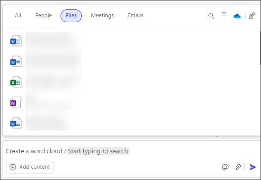 Mavi bulut simgesinin sağ tarafında yukarı dosya simgesi bulunan Microsoft 365 Copilot Chat Dosya sekmesi.