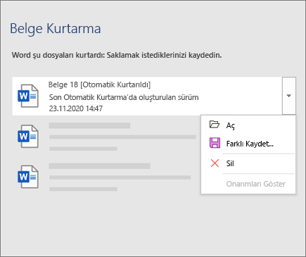 Belge Kurtarma bölmesinde listelenen Otomatik Kurtarılan dosya