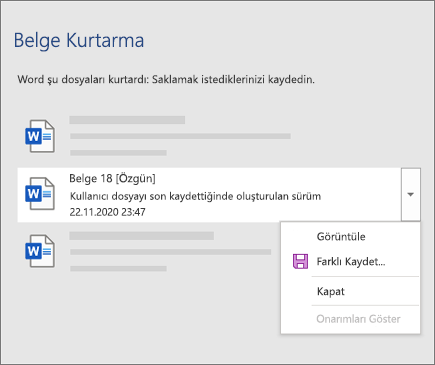 Belge Kurtarma bölmesinde listelenen, kullanıcı tarafından son kaydedilen bir özgün belge