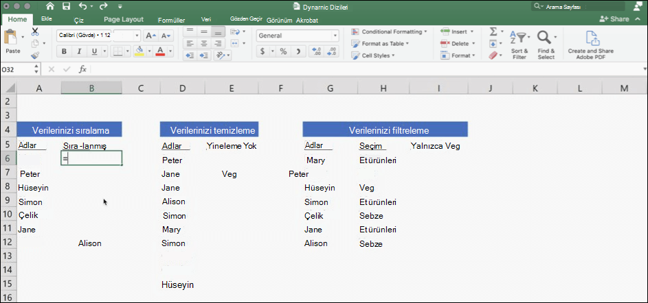 Dinamik dizileri kullanan verilerle Excel ekran görüntüsü