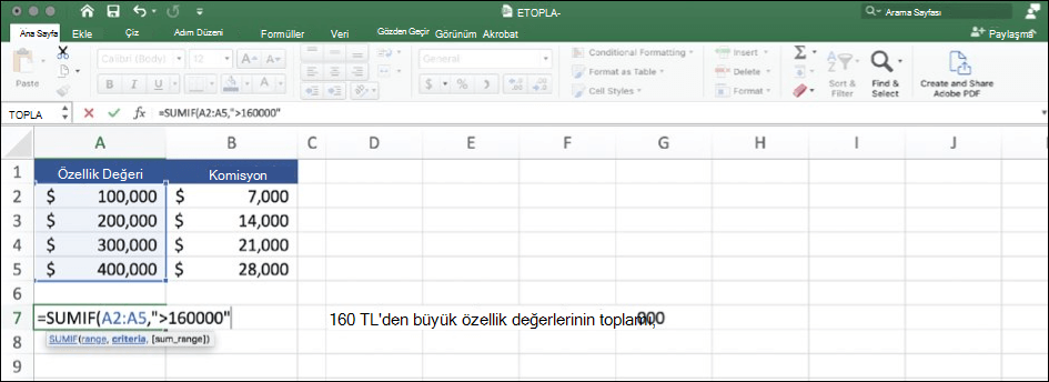 ETOPLA işlevini kullanan Excel verileri ekran görüntüsü