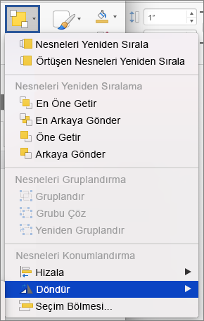 Döndür'ün seçili olduğu Yerleştir menüsü