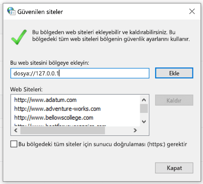 İnternet özelliklerine güvenilir bir site ekleme