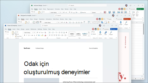 Şeritte görsel güncelleştirmeler ve Windows 11 kullanıcı arabirimiyle eşleşecek şekilde yuvarlatılmış köşelerle görüntülenen Word, Excel ve PowerPoint.