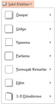 Şekil Efektleri menüsü