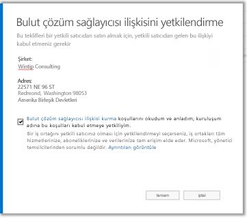 Bulut çözümü sağlayıcısı ilişkisini kabul edin.