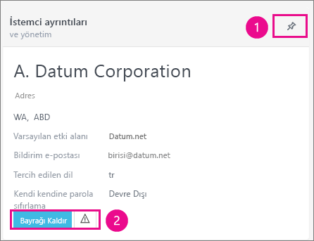 Müşteri ayrıntıları kartında müşteriyi sabitleyebilir veya müşteriye bayrak ekleyebilirsiniz.