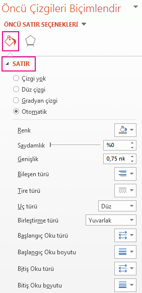 Öncü Çizgi Biçimlendirme Seçenekleri bölmesindeki Çizgi simgesi