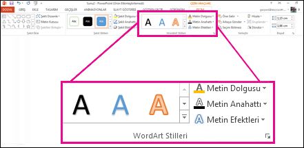 Şeritte WordArt Stilleri komutları