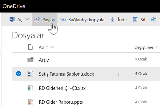 Dosya seçili ve Paylaş düğmesine basılmış olarak OneDrive