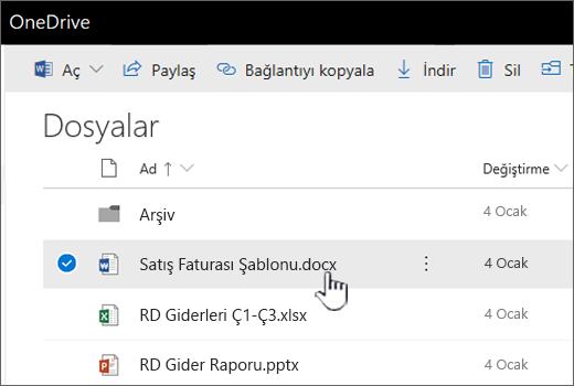 Dosya seçili OneDrive