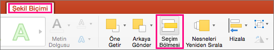 Mac için PowerPoint 2016’da Şekil Biçimi sekmesi gösterilir