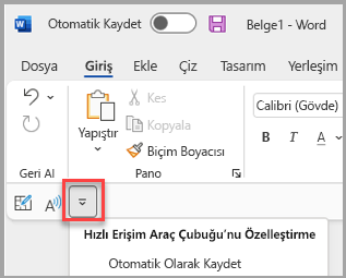 Şeridin altındaki Hızlı Erişim Araç Çubuğu konumu