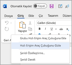 Hızlı Erişim Araç Çubuğu'nu gizleme seçeneğinin resmi