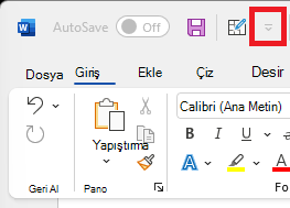Şeridin üstündeki Hızlı Erişim Araç Çubuğu simgesinin resmi