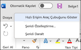 Hızlı Erişim Araç Çubuğu'nu gösterme seçeneğinin resmi