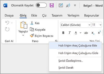 Komutları eklemek için Hızlı Erişim Araç Çubuğu'nu Özelleştirmek için açılan listenin resmi