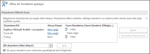 Office’in düzenleme ve yazım denetleme araçlarında kullandığı dili ekleyebileceğiniz, seçebileceğiniz veya kaldırabileceğiniz iletişim kutusu.