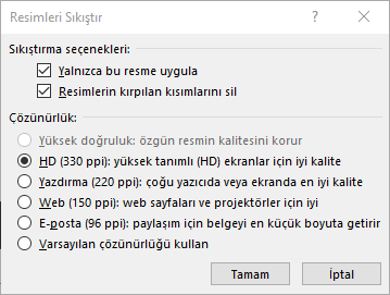 Resimleri Sıkıştır iletişim kutusu