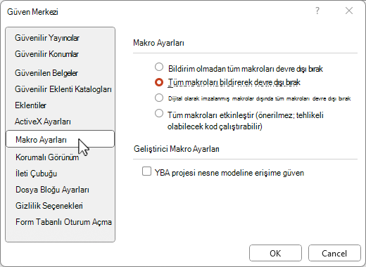 Güven merkezi makro ayarları
