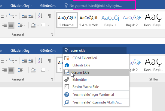 Word'de şeritteki göster arama kutusunu gösterir.
