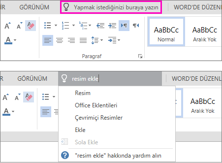 Word Online şeridindeki göster arama kutusunu gösterir.