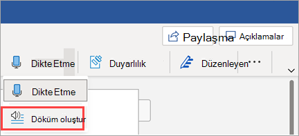 WordWord'deki Döküm Oluştur düğmesini gösterir Bu