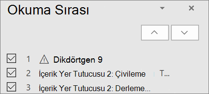 Bir slaytta okuma düzenindeki öğeleri yeniden düzenlemeye yarayan yukarı ve aşağı ok düğmeleri içeren öğeler listesi