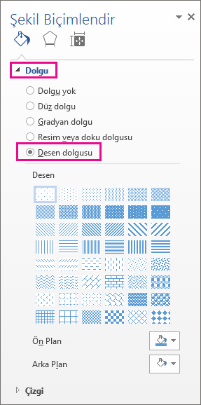 Şekil Biçimlendir bölmesinde Desen Dolgusu seçme