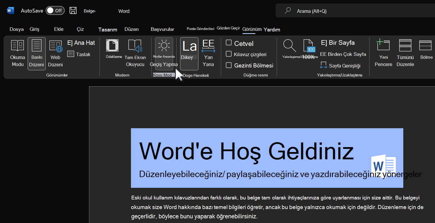 Koyu mod özelliği için modlar arasında geçiş yapın.