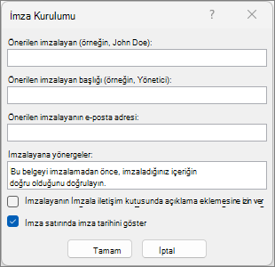 İmza ayarı iletişim kutusu