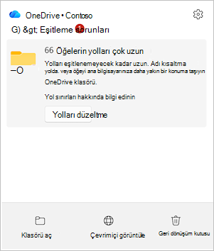 Yolları düzelt seçeneğiyle OneDrive etkinlik merkezini gösteren ekran görüntüsü.