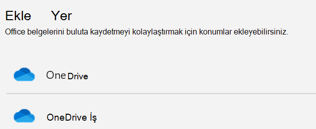 Word’ün Farklı Kaydet sayfasındaki Yer Ekle düğmesi ve Yer Ekle listesinin ekran görüntüsü.