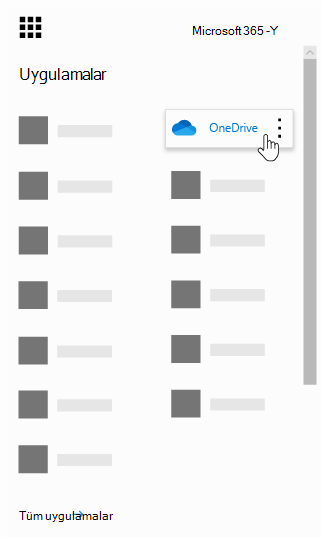 OneDrive uygulamasının vurgulandığı Office 365 uygulama başlatıcısı