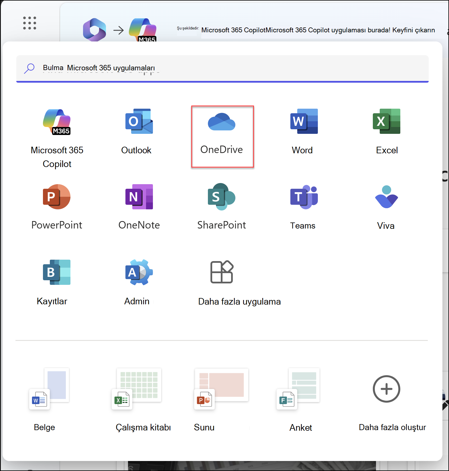 Uygulama başlatıcısının açık olduğu ve OneDrive uygulamasının vurgulandığı bir tarayıcı penceresi
