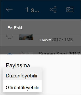 Android için OneDrive uygulamasında paylaşım sırasında izinleri değiştirmenin ekran görüntüsü